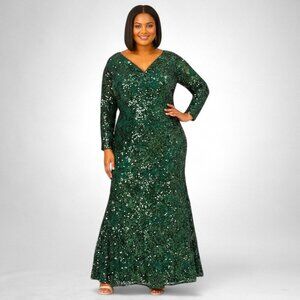 ADRIANNA PAPELL Plus Size Sequined Lace V-Neck Emerald Green Gown, NWT! 22W
